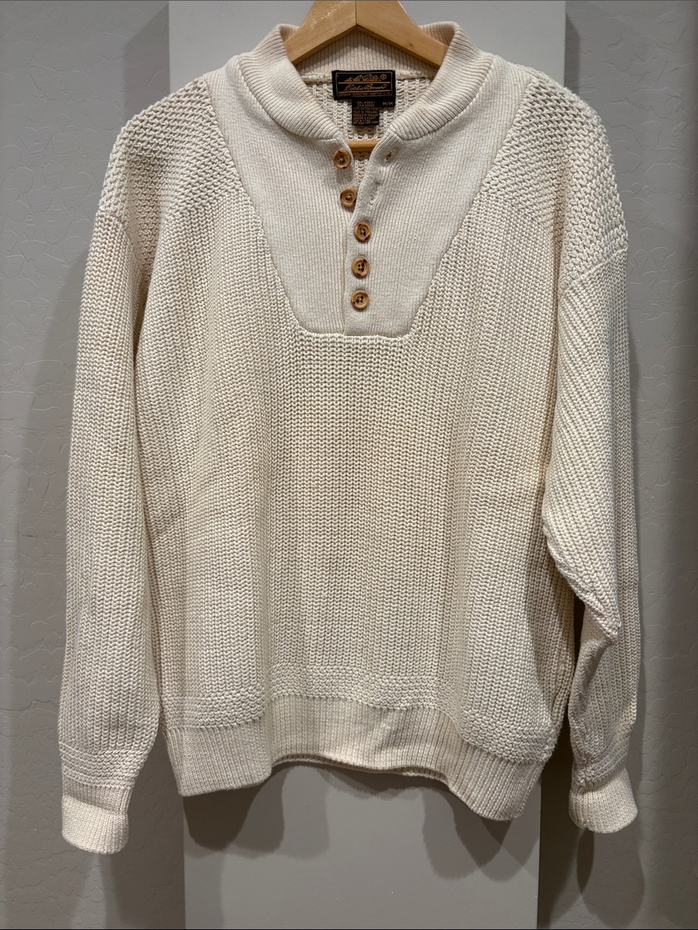 Eddie Bauer Cream Henley Crewneck Sweater with Wood Buttons